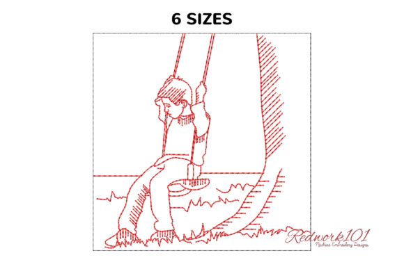 Charming Cute Boy Playing on Swing Redwork