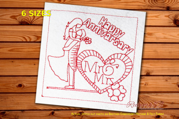 Charming Mr. and Mrs. with Decorated Hearts Redwork