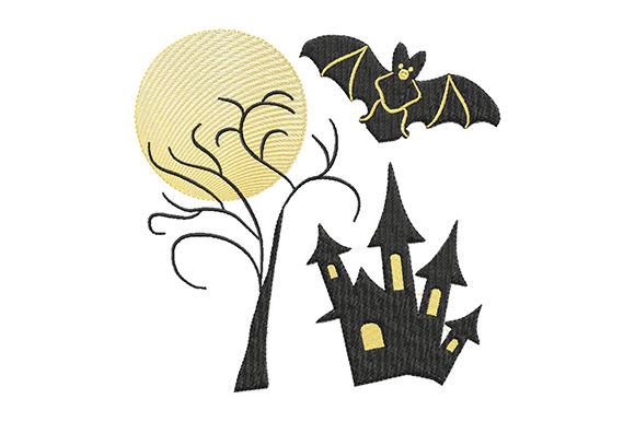 Halloween Moon and Haunted House Embroidery
