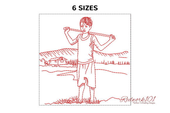 Village Boy Standing in Farm: A Charming Embroidery Design