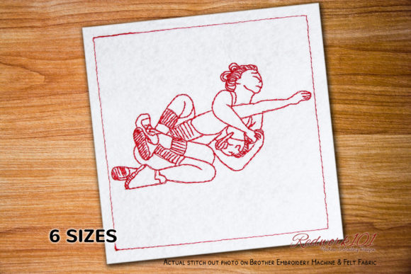 Women Wrestling Redwork: A Bold Embroidery Choice